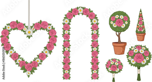 Rose flower wreath and garland collection vector illustration with heart arch and potted floral arrangements isolated on white