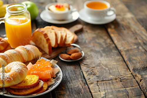 Rustic Breakfast Table with Croissants, Bread, Juice and Tea