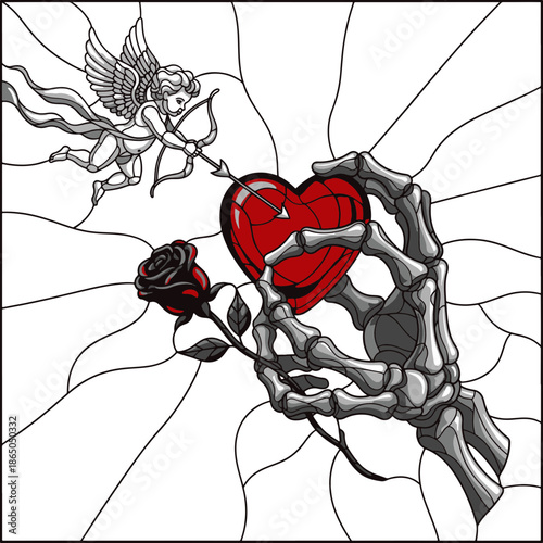 Intricate Stained Glass artwork: Cupid's arrow pierces a heart, held by a skeleton hand with a rose, in a dark, symbolic setting.