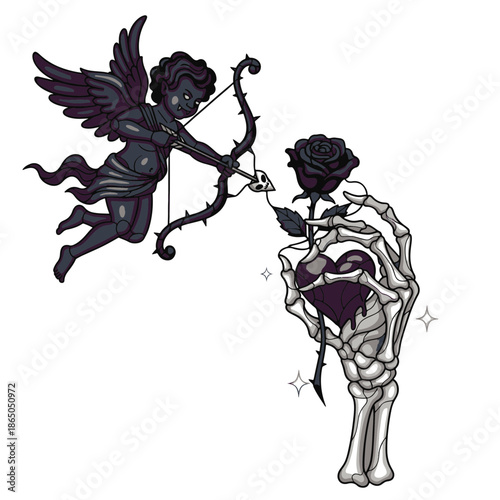 Dark Cupid's arrow points to a wilting rose and a skeletal hand holding a bleeding heart, designed with an intricate stained glass-like appeal.