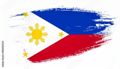 Artistic Philippines Flag with Blue and Red Paint Brush Strokes, Sun and Three Stars Symbol