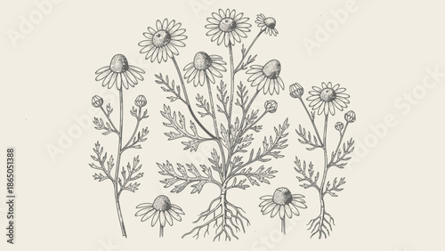 Elegant chamomile botanical illustration with delicate lines and a vintage aesthetic