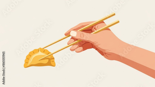 Hand holding a dumpling with chopsticks