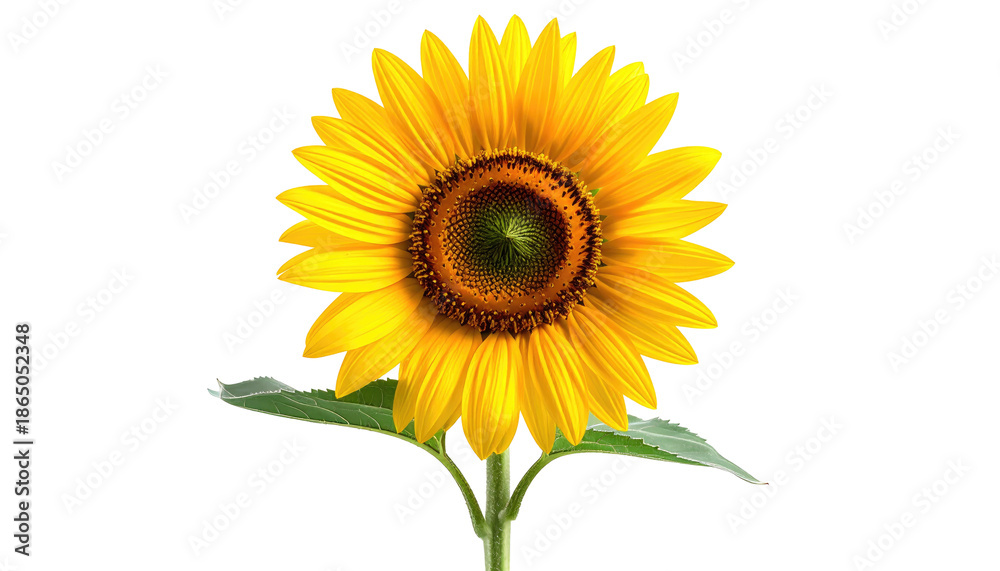 Obraz premium Close-up studio shot of a vibrant, fully bloomed flower with a dark center, radiant yellow petals, and a green stem and leaf