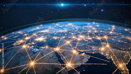 Global digital network connecting planet Earth with glowing data lines and internet technology from space