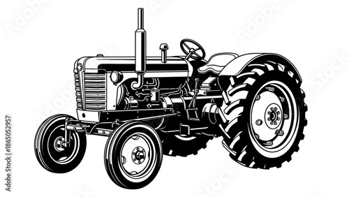 Vintage Agricultural Farm Tractor, Heavy Machinery, isolated white background.