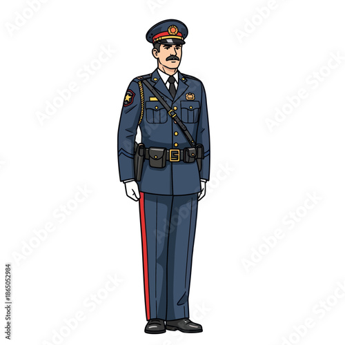 Illustration of a Police Officer in Full Uniform Standing at Attention.