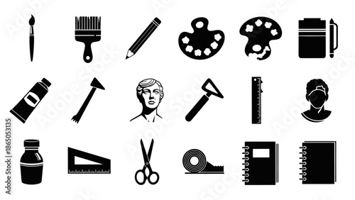 Art and Craft Tools Icons Set for Creative Design and Education on Isolated White Background