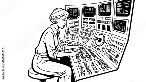 Focused Woman Operating Complex Control Panel in a High-Tech Command Center