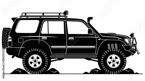 Robust black off-road SUV 4x4 vehicle on rugged terrain, adventure and exploration, isolated white background.