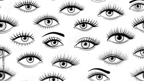 Elegant eyes with long lashes seamless pattern on white background illustration