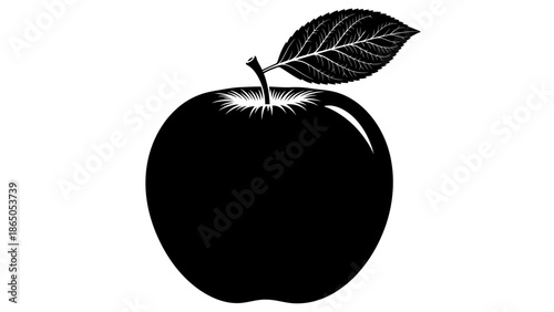 Black Silhouette Apple with Leaf on Isolated White Background