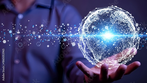 Futuristic Digital Technology Concept with Glowing Holographic Network Globe Over Businessman Hand