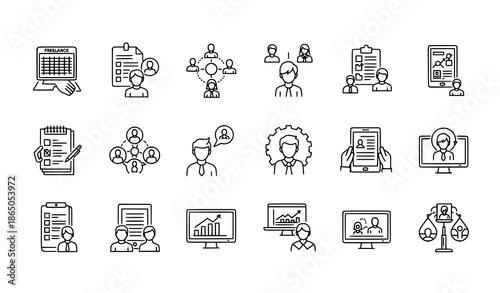 Freelance and Hybrid Remote Work Editable Stroke Outline Icon Set