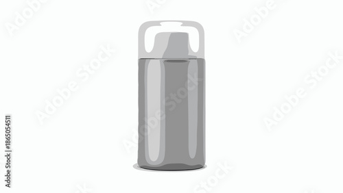 Grey cylindrical bottle with a transparent dome cap is shown as a clean 3d illustration on a white background for cosmetic packaging.