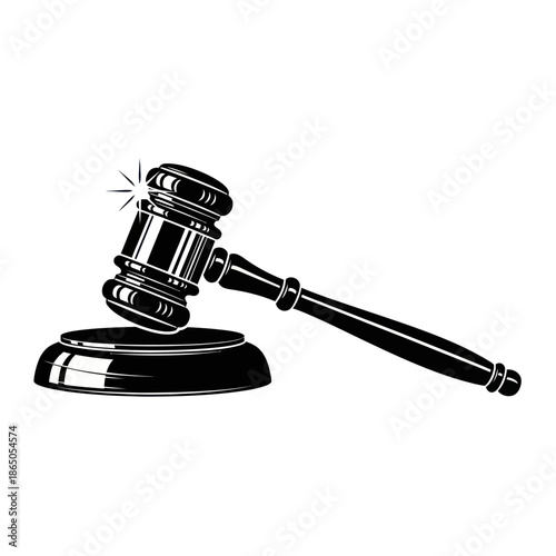 Illustration of a Gavel Striking a Sound Block in Black and White.
