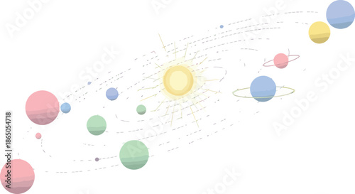 Illustration of the Solar System with Planets Orbiting the Sun in Pastel Colors