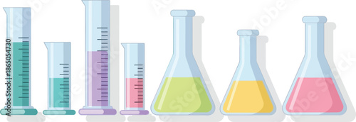 Scientific Laboratory Glassware with Colorful Liquids in Test Tubes and Flasks For Chemistry