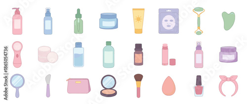 Assortment of beauty and skincare products including lotions, creams, tools, and accessories.