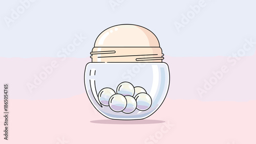 Clear jar with colorful beauty pearls and a beige dome top is illustrated in a clean 3d style for skincare or makeup brand advertising.