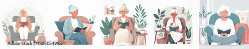 A Elderly Woman Reading a Book Vector Illustration