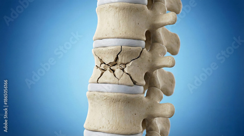 3D Illustration of an Osteoporotic Compression Fracture in the Lumbar Spine Showing a Broken Vertebra and Spinal Bone Damage for Medical Education and Healthcare Concepts