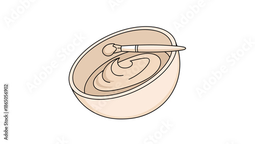 Small bowl filled with a thick beige cream and a makeup application brush resting on top is depicted as a clean 3d vector illustration.