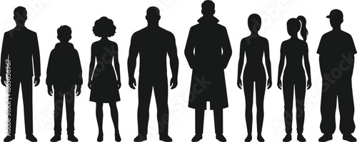 Black silhouettes of eight diverse people standing side by side, showcasing varied body shapes, clothing styles, and human posture for design.