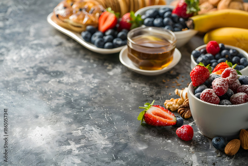 Healthy Breakfast Spread with Fresh Berries, Honey, Bananas and Pastries