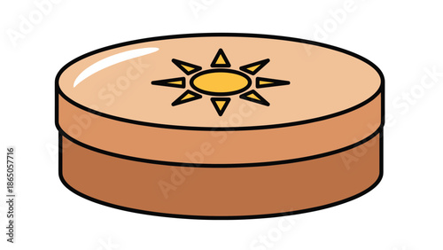 Beige round cosmetic compact with a yellow sun icon on the lid is illustrated as a clean 3d graphic for skincare or makeup items.