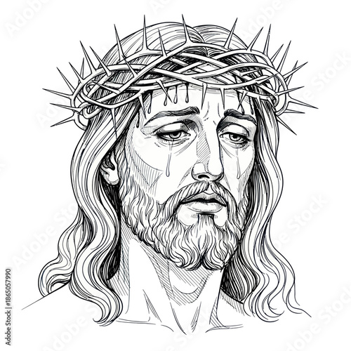 Jesus Christ with Crown of Thorns - A Detailed Line Art Portrait.