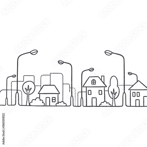 Minimalist Cityscape Outline with Houses, Trees, and Streetlights.