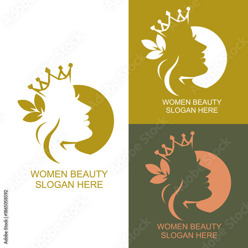 beauty woman logo design for salon, makeover, hair stylist, hair cut. beauty vector with leaf and crown logo design. beauty logo with leaf and crown design elegant