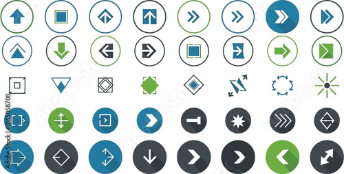 Collection of flat design navigation icons featuring various directional arrows zoom controls and interface movement symbols presented in circular buttons with long shadows