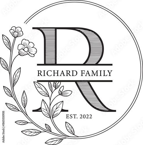 Family name monogram svg, family Monogram letter, Monogram alphabet, Split monogram floral frame, decorative letters, Custom Editable Family name SVG