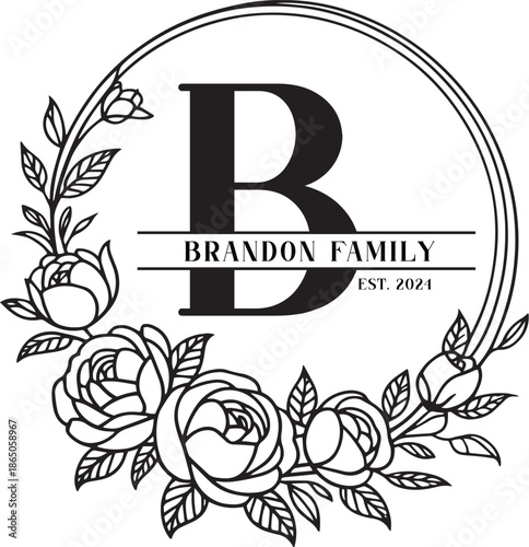Family name monogram svg, family Monogram letter, Monogram alphabet, Split monogram floral frame, decorative letters, Custom Editable Family name SVG