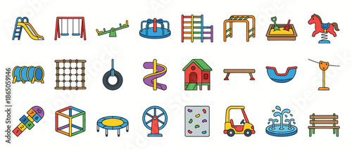 Collection of colorful playground equipment icons for children's outdoor recreation.