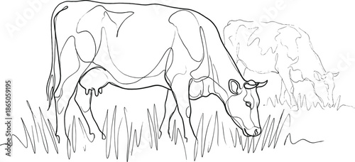 Continuous line drawing of dairy cows grazing in a grassy field for organic farming livestock agriculture and milk production industry