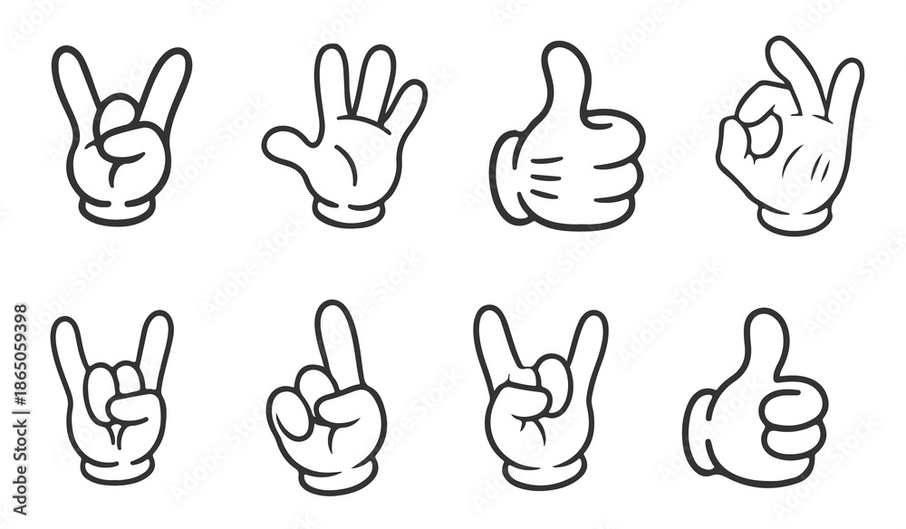 Fototapeta premium Cartoon Hand Gestures Set, Vector Outline Illustration, White Glove Icons Collection.