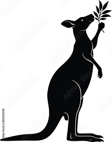 Standing kangaroo silhouette holding eucalyptus branch