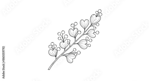 Elegant hand-drawn botanical illustration of a slender branch featuring heart-shaped leaves and delicate small berries in a vintage style.