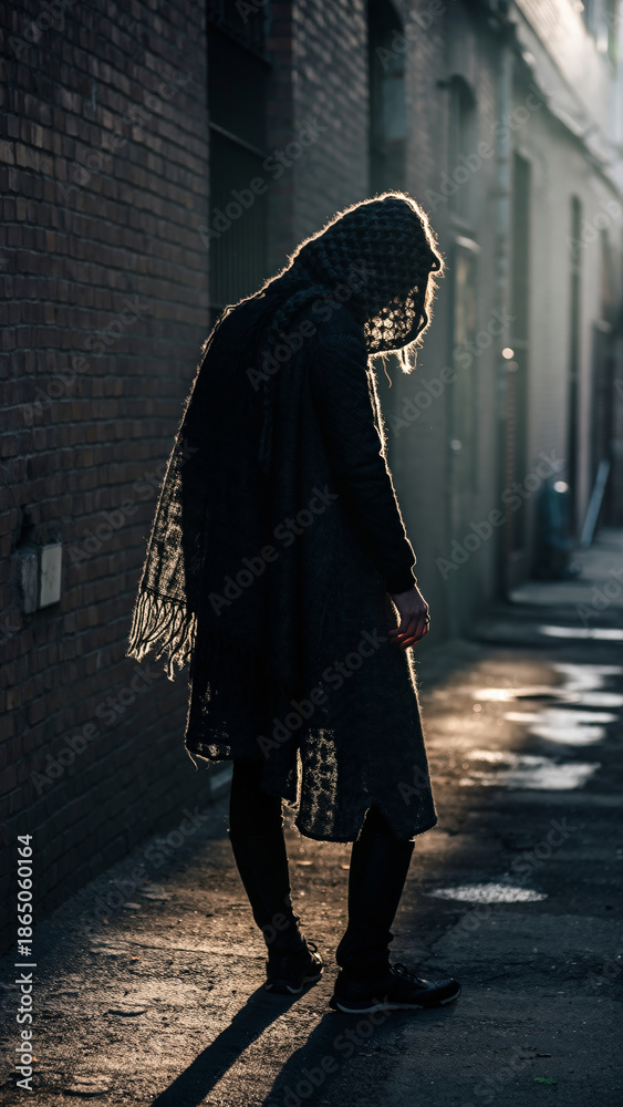Naklejka premium silhouette of a person walking along a sunlit alley at dusk.