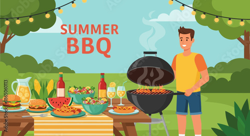 Summer BBQ Party with Grill and Food Illustration.