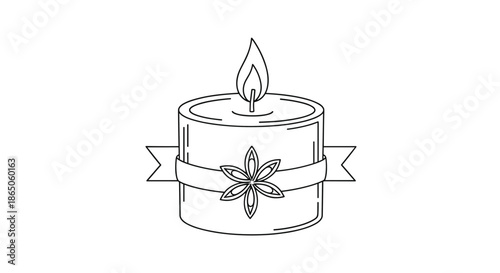 Scented candle decorated with a ribbon and star anise spice pod in a delicate line art style for spa and relaxation themes.