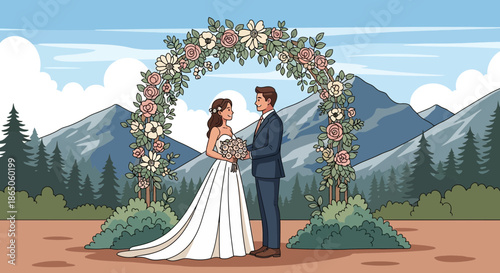 Wedding Ceremony A Couple United Under Floral Archway.