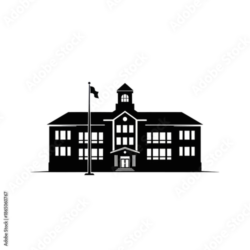 Silhouette of a Classic School Building with Flagpole.