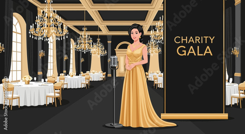 Elegant Woman in Gold Gown at Charity Gala Event.