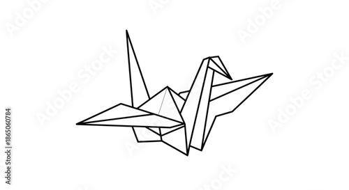 Traditional Japanese origami paper crane bird shown in a geometric line art style for cultural and craft themed projects.