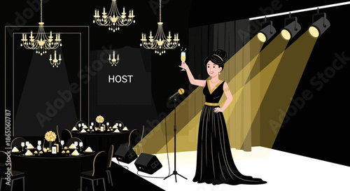 Elegant Woman Toasting on Stage at Gala Event 1.