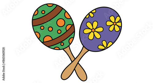 Pair of colorful percussion maracas decorated with dots and flowers used for traditional music and festive celebration themes.
